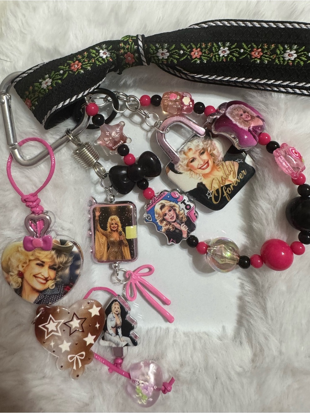 Dolly Parton Pink Black Bag Charm Fan Accessory